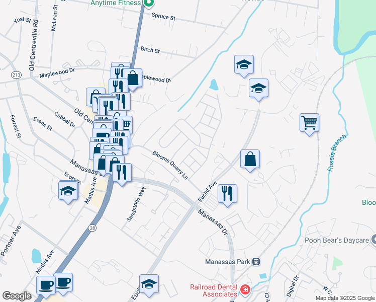 map of restaurants, bars, coffee shops, grocery stores, and more near 8138 Rainwater Circle in Manassas