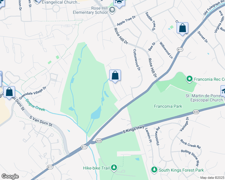 map of restaurants, bars, coffee shops, grocery stores, and more near 6512 Haystack Road in Alexandria
