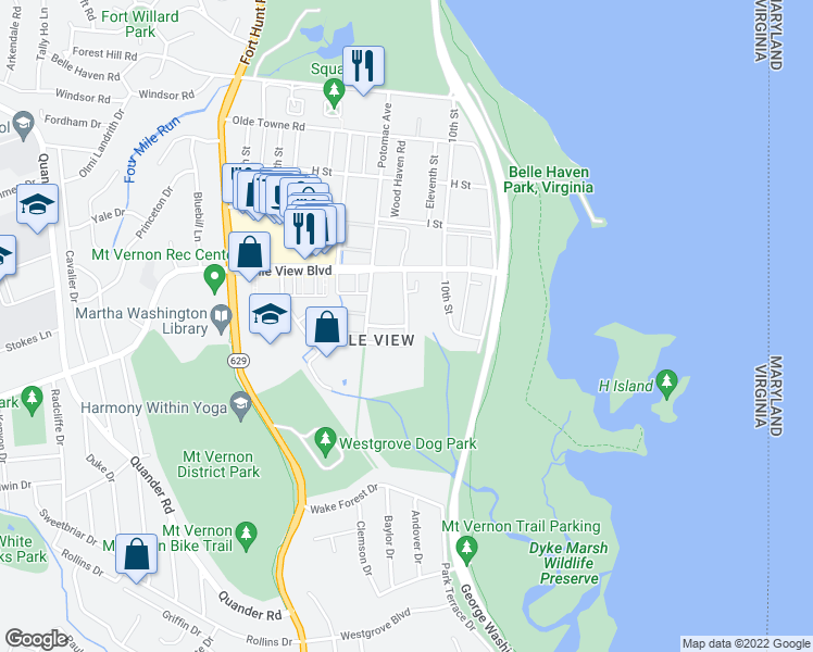 map of restaurants, bars, coffee shops, grocery stores, and more near East Wakefield Drive in Belle Haven