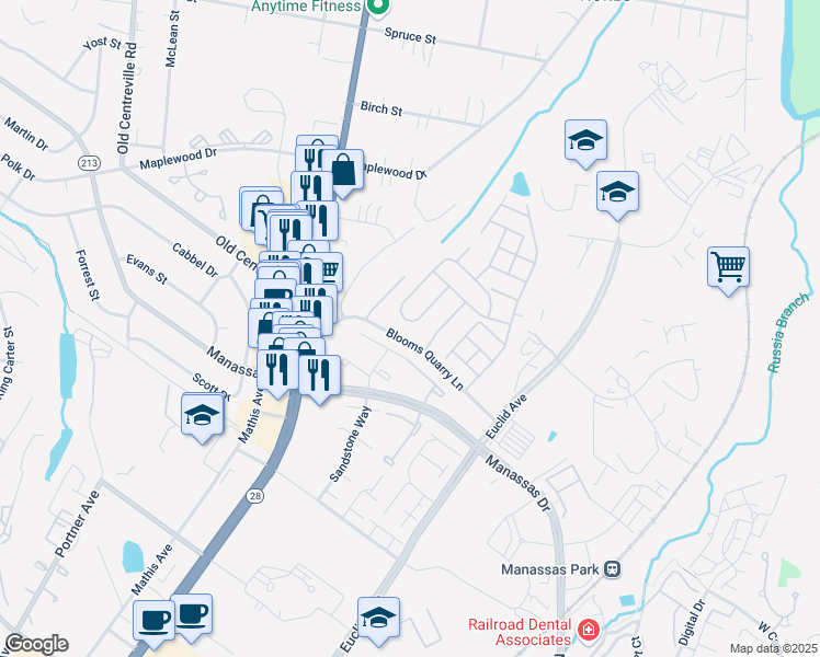 map of restaurants, bars, coffee shops, grocery stores, and more near 8037 Towering Oak Way in Manassas