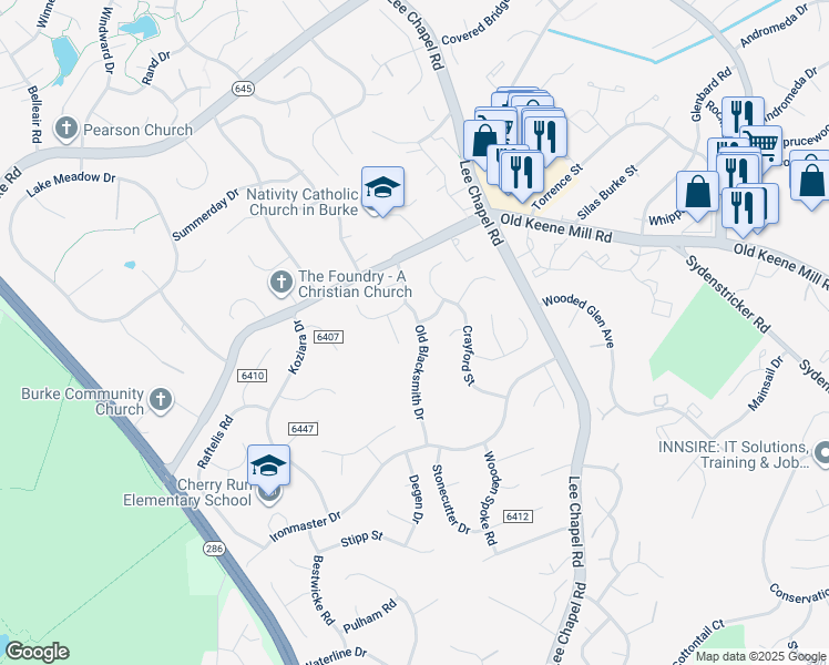 map of restaurants, bars, coffee shops, grocery stores, and more near 6656 Old Blacksmith Drive in Burke