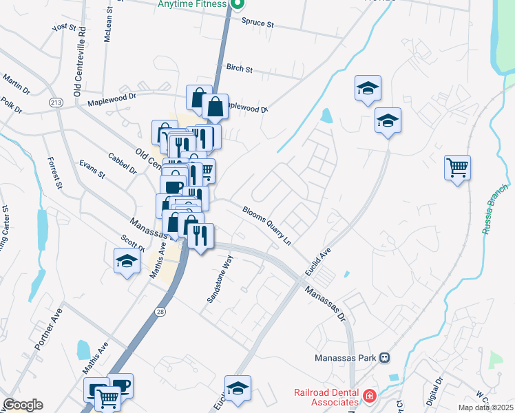 map of restaurants, bars, coffee shops, grocery stores, and more near 8037 Towering Oak Way in Manassas