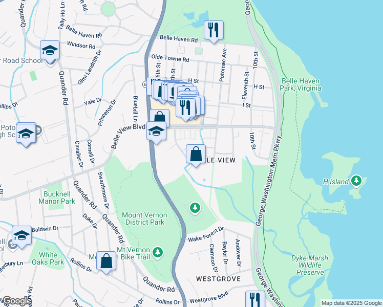 map of restaurants, bars, coffee shops, grocery stores, and more near 6702 West Wakefield Drive in Alexandria