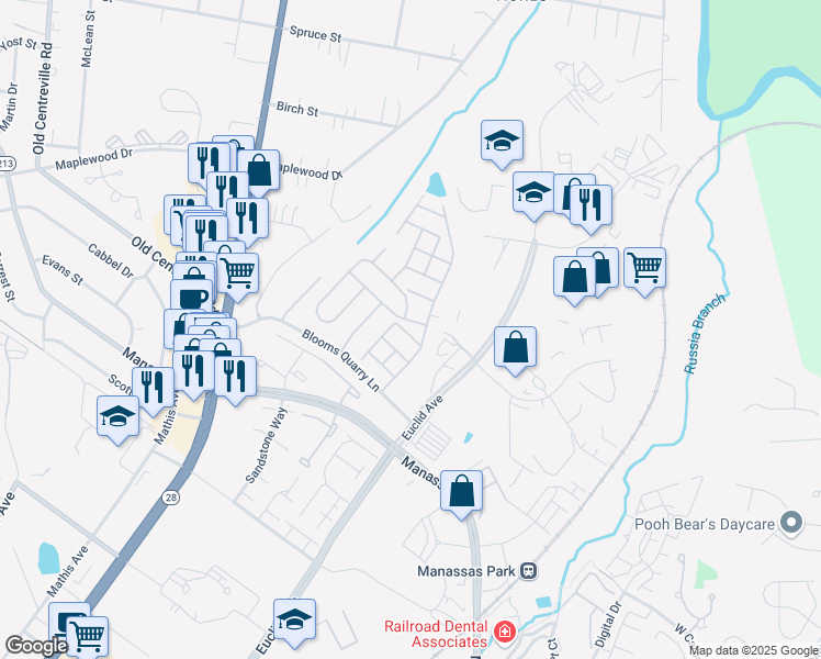 map of restaurants, bars, coffee shops, grocery stores, and more near 8118 Rainwater Circle in Manassas