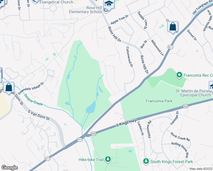 map of restaurants, bars, coffee shops, grocery stores, and more near 6512 Haystack Road in Alexandria