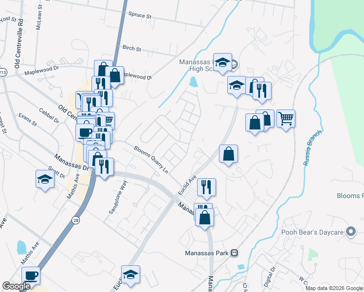 map of restaurants, bars, coffee shops, grocery stores, and more near 8118 Rainwater Circle in Manassas