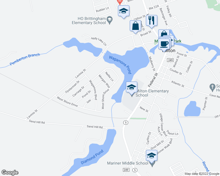 map of restaurants, bars, coffee shops, grocery stores, and more near 144 West Shore Drive in Milton