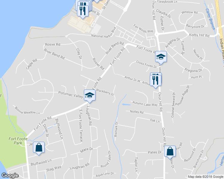 map of restaurants, bars, coffee shops, grocery stores, and more near 8507 Osprey Court in Fort Washington