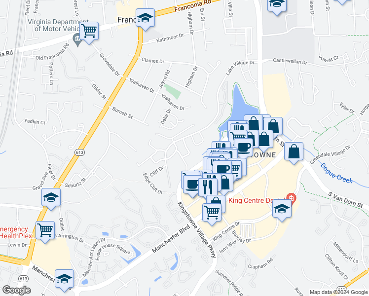 map of restaurants, bars, coffee shops, grocery stores, and more near 6612 Thurlton Drive in Alexandria