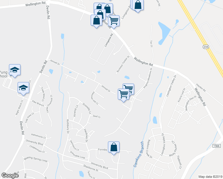 map of restaurants, bars, coffee shops, grocery stores, and more near 12168 Jennell Drive in Bristow