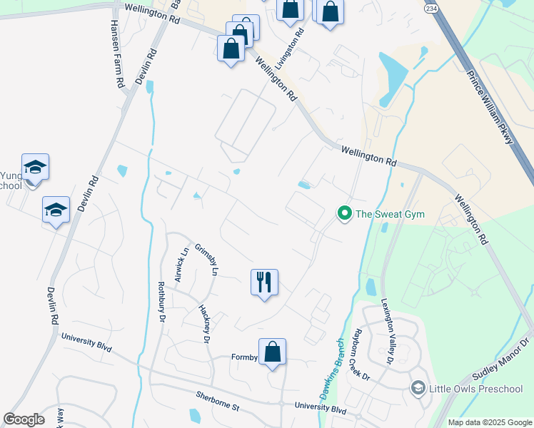 map of restaurants, bars, coffee shops, grocery stores, and more near 12168 Jennell Drive in Bristow