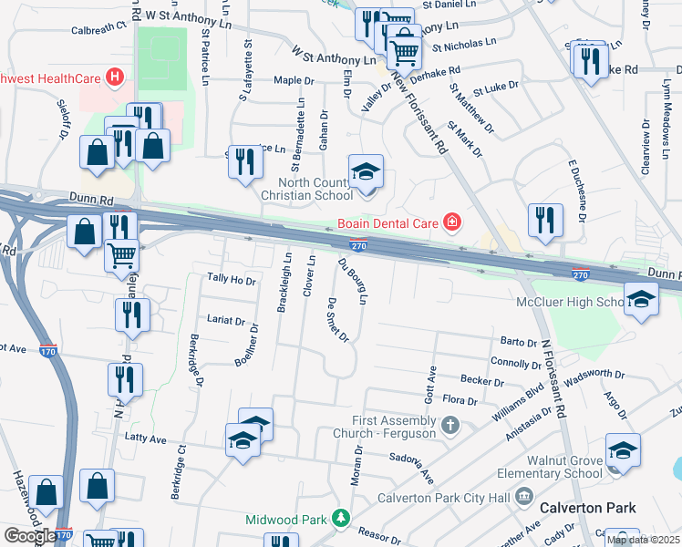 map of restaurants, bars, coffee shops, grocery stores, and more near 100 De Smet Drive in Florissant