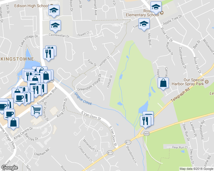 map of restaurants, bars, coffee shops, grocery stores, and more near 6706 Ordsall Street in Alexandria