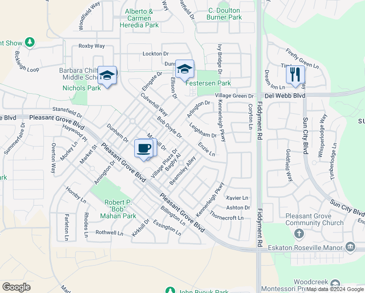 map of restaurants, bars, coffee shops, grocery stores, and more near 3224 Village Plaza Drive in Roseville