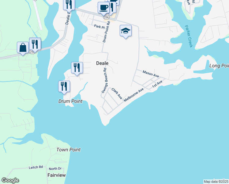 map of restaurants, bars, coffee shops, grocery stores, and more near 611 Clark Avenue in Deale
