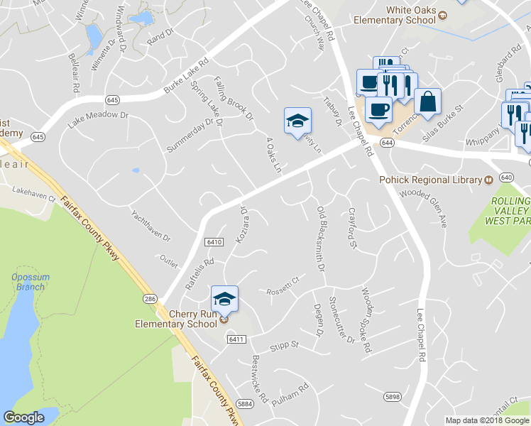 map of restaurants, bars, coffee shops, grocery stores, and more near 9706 Harr Court in Burke