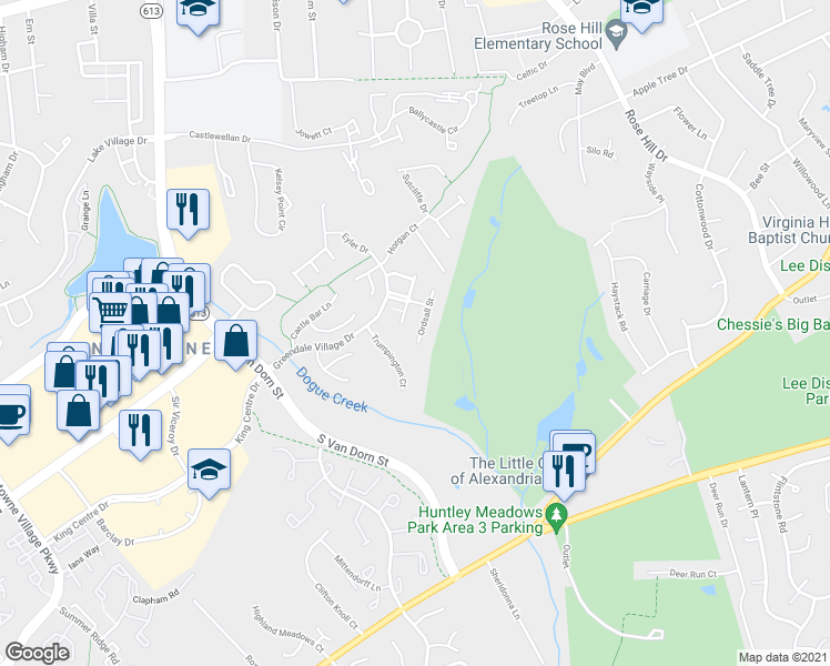 map of restaurants, bars, coffee shops, grocery stores, and more near 6706 Ordsall Street in Alexandria
