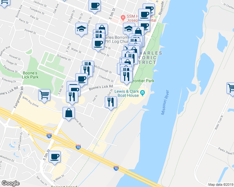 map of restaurants, bars, coffee shops, grocery stores, and more near 1039 South Main Street in Saint Charles