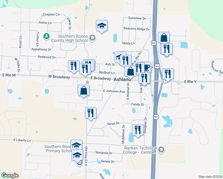 map of restaurants, bars, coffee shops, grocery stores, and more near 205 East Johnson Avenue in Ashland