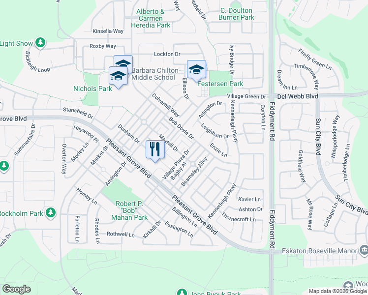 map of restaurants, bars, coffee shops, grocery stores, and more near 1033 Pine Log Place in Roseville