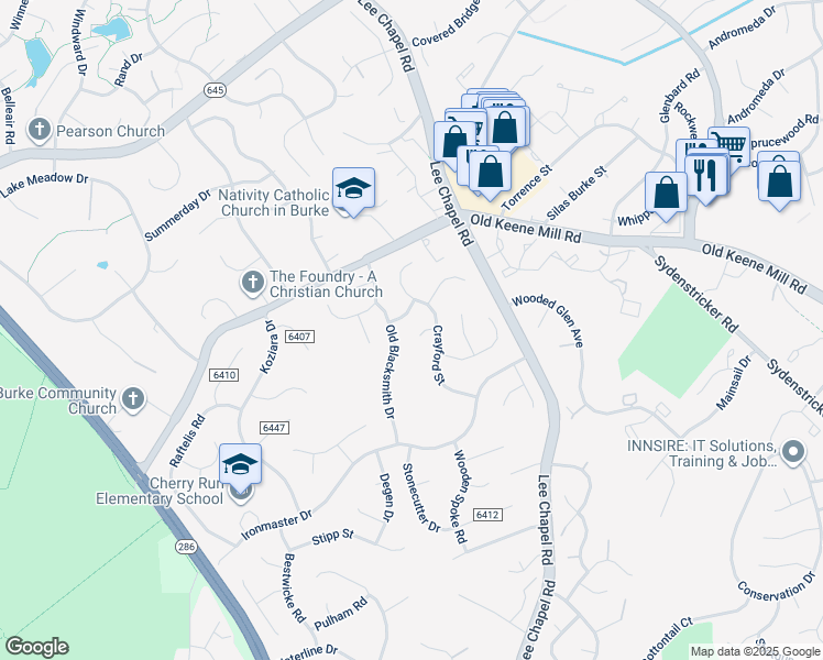 map of restaurants, bars, coffee shops, grocery stores, and more near 9604 Crayford Court in Burke