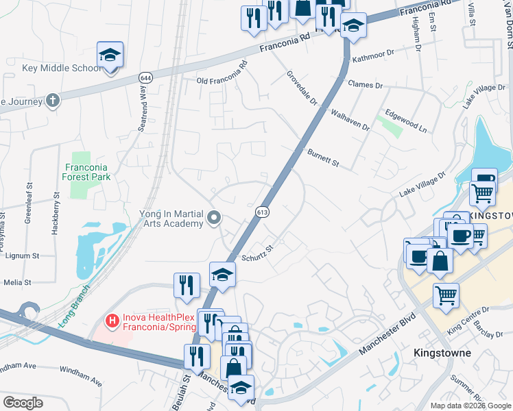 map of restaurants, bars, coffee shops, grocery stores, and more near 6627 Deer Gap Court in Alexandria