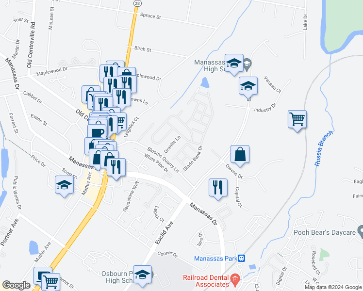 map of restaurants, bars, coffee shops, grocery stores, and more near 8134 Rainwater Circle in Manassas