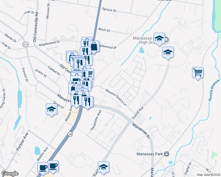map of restaurants, bars, coffee shops, grocery stores, and more near 8041 Towering Oak Way in Manassas