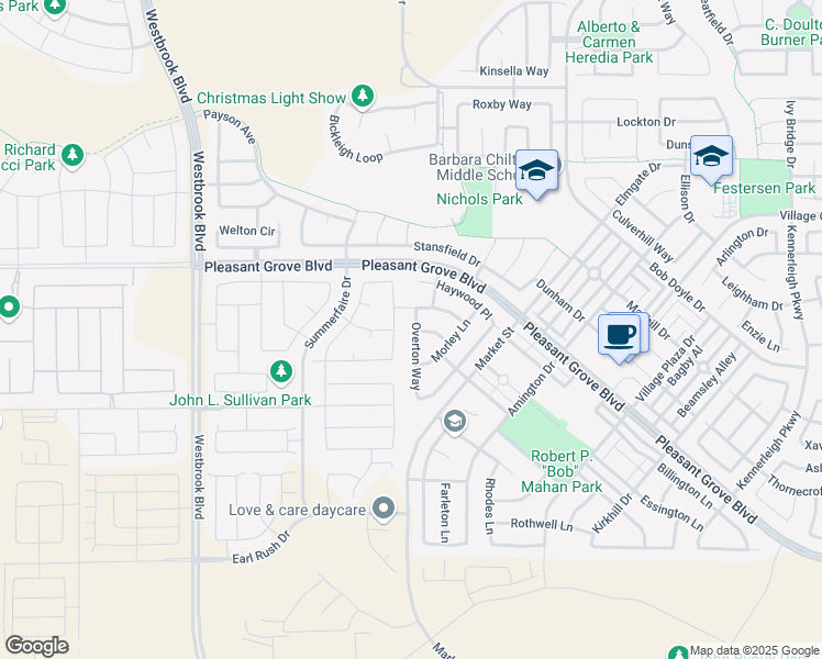map of restaurants, bars, coffee shops, grocery stores, and more near 3169 Overton Way in Roseville