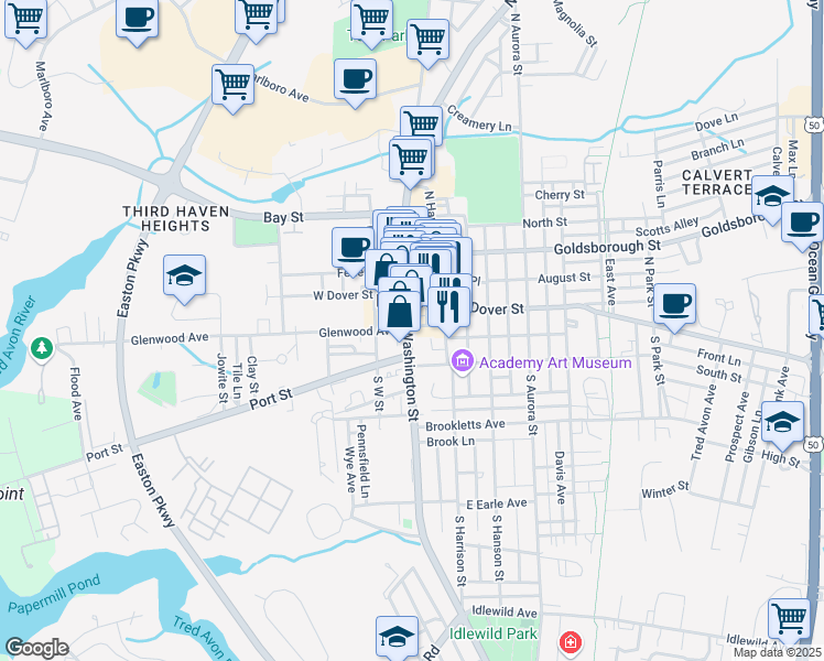 map of restaurants, bars, coffee shops, grocery stores, and more near 32 Glenwood Avenue in Easton