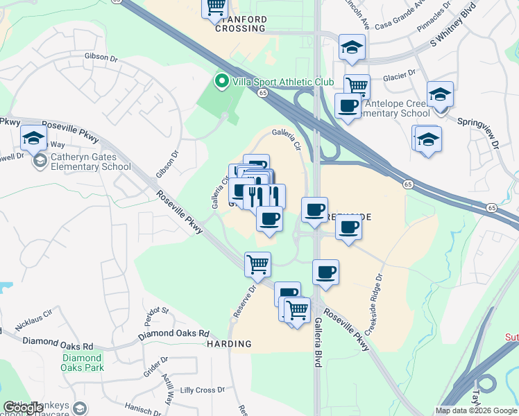 map of restaurants, bars, coffee shops, grocery stores, and more near 1151 Galleria Boulevard in Roseville