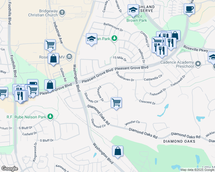 map of restaurants, bars, coffee shops, grocery stores, and more near 243 Firestone Drive in Roseville