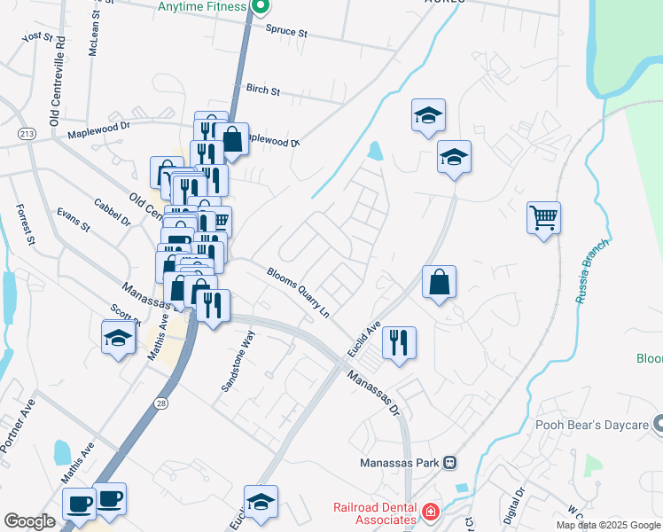 map of restaurants, bars, coffee shops, grocery stores, and more near 8134 Rainwater Circle in Manassas