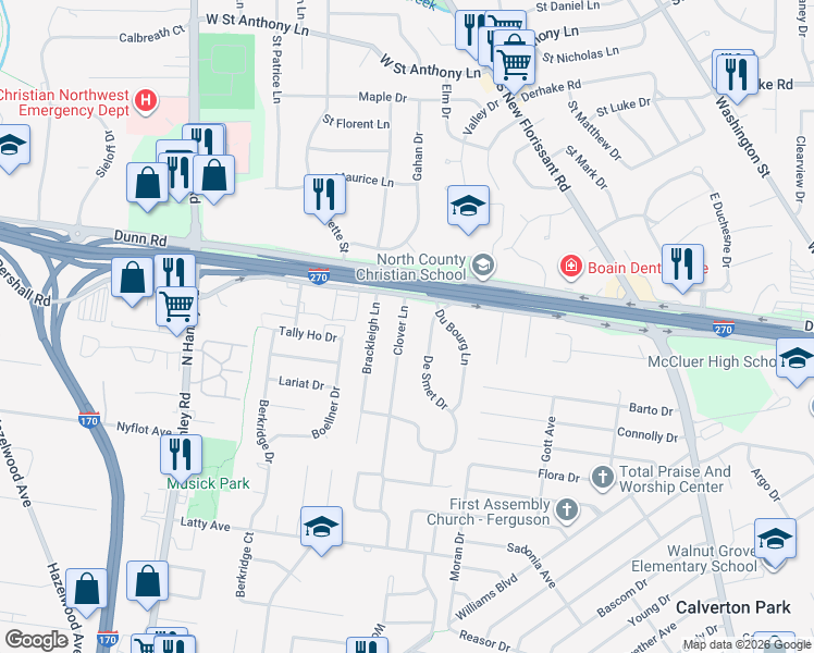 map of restaurants, bars, coffee shops, grocery stores, and more near 1635 Clover Lane in Florissant