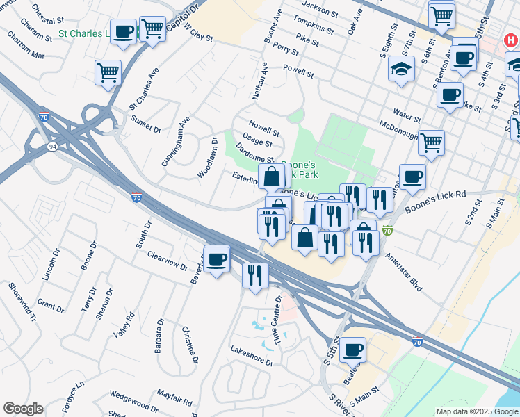 map of restaurants, bars, coffee shops, grocery stores, and more near 1003 Fairgrounds Road in Saint Charles