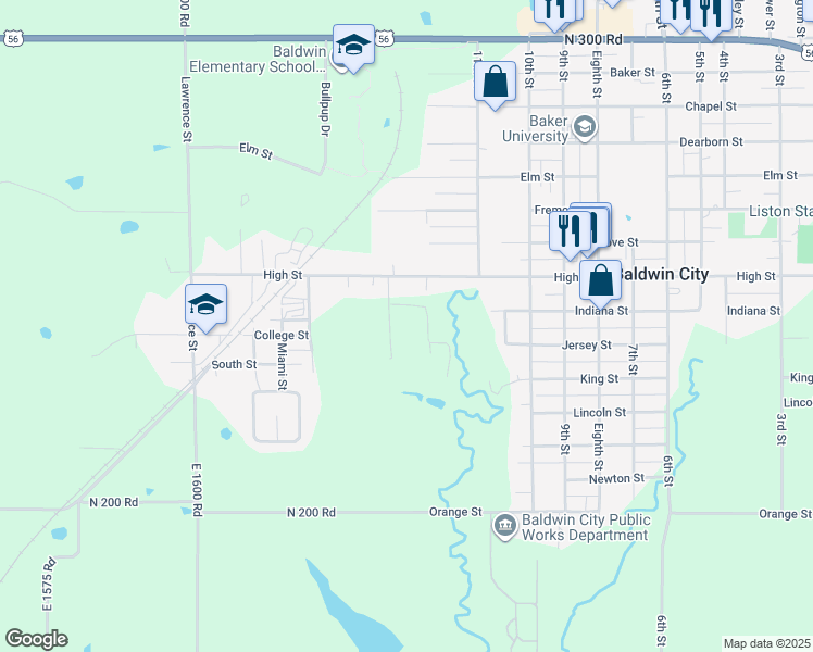 map of restaurants, bars, coffee shops, grocery stores, and more near 1221 Indiana Street in Baldwin City
