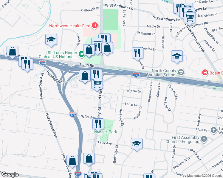 map of restaurants, bars, coffee shops, grocery stores, and more near 7350 North Hanley Road in Hazelwood