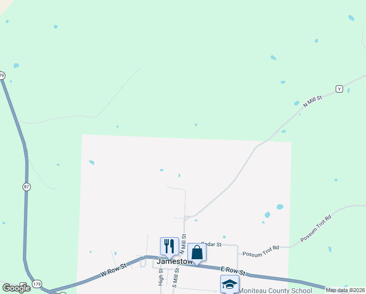 map of restaurants, bars, coffee shops, grocery stores, and more near in Jamestown