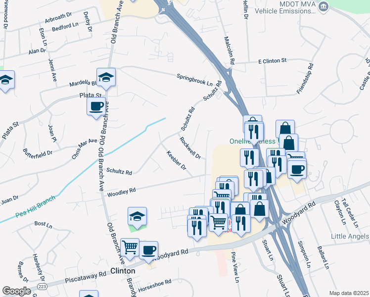 map of restaurants, bars, coffee shops, grocery stores, and more near 8407 Rockwell Drive in Clinton