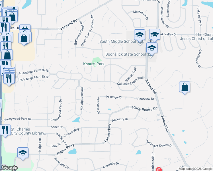 map of restaurants, bars, coffee shops, grocery stores, and more near 12 Belgian Trail in Saint Peters
