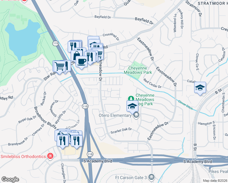 map of restaurants, bars, coffee shops, grocery stores, and more near 4065 Westmeadow Drive in Colorado Springs