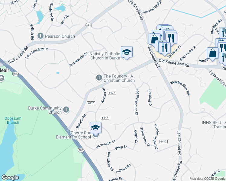 map of restaurants, bars, coffee shops, grocery stores, and more near 9706 Harr Court in Burke