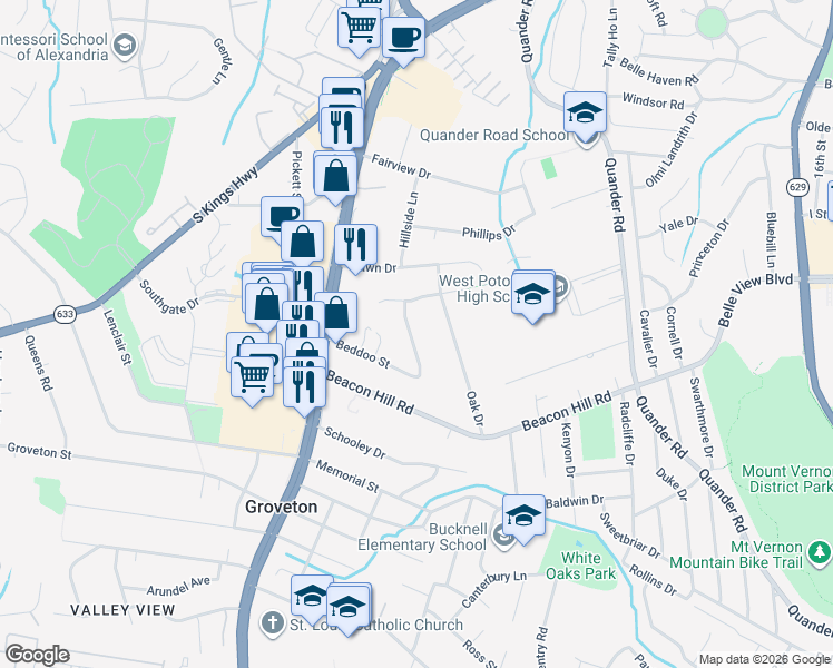 map of restaurants, bars, coffee shops, grocery stores, and more near 6615 Beddoo Street in Alexandria
