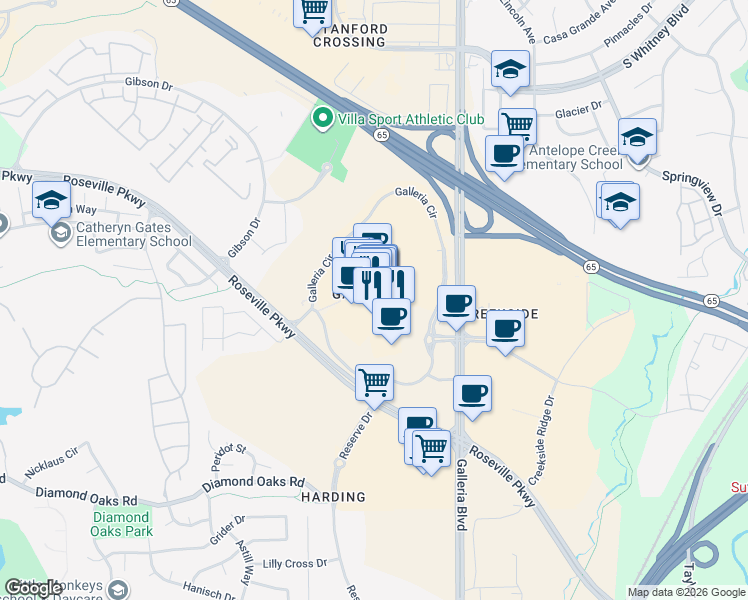 map of restaurants, bars, coffee shops, grocery stores, and more near 1151 Galleria Boulevard in Roseville