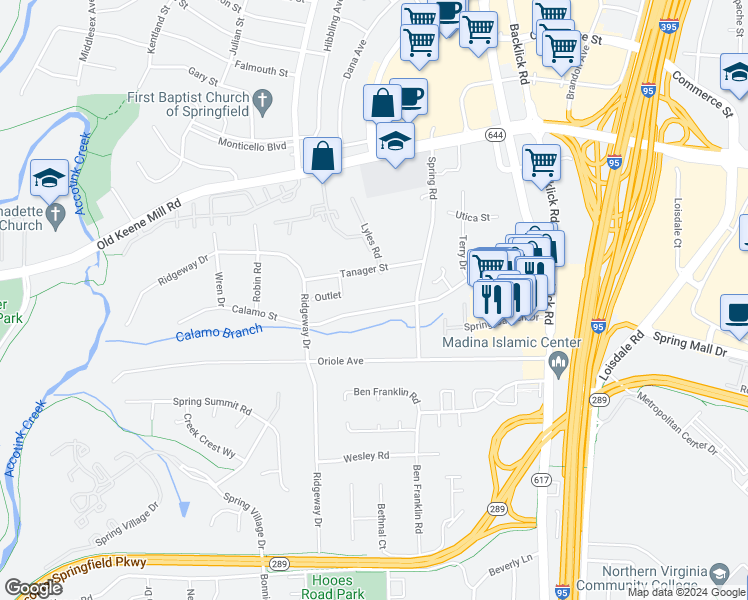 map of restaurants, bars, coffee shops, grocery stores, and more near 7209 Calamo Street in Springfield
