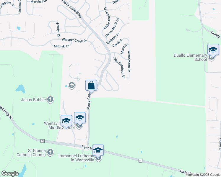 map of restaurants, bars, coffee shops, grocery stores, and more near 459 Kaylene Drive in Wentzville