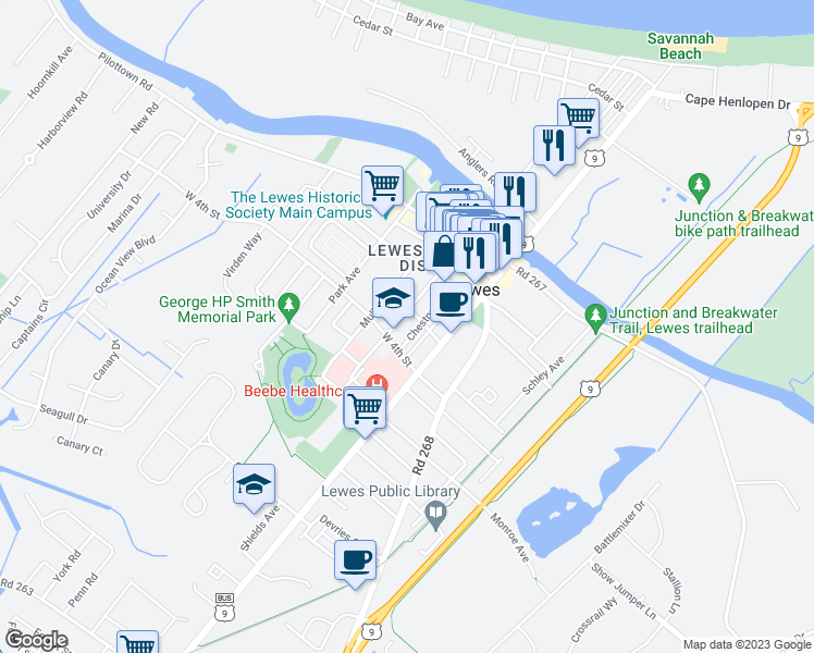 map of restaurants, bars, coffee shops, grocery stores, and more near 341 Market Street in Lewes