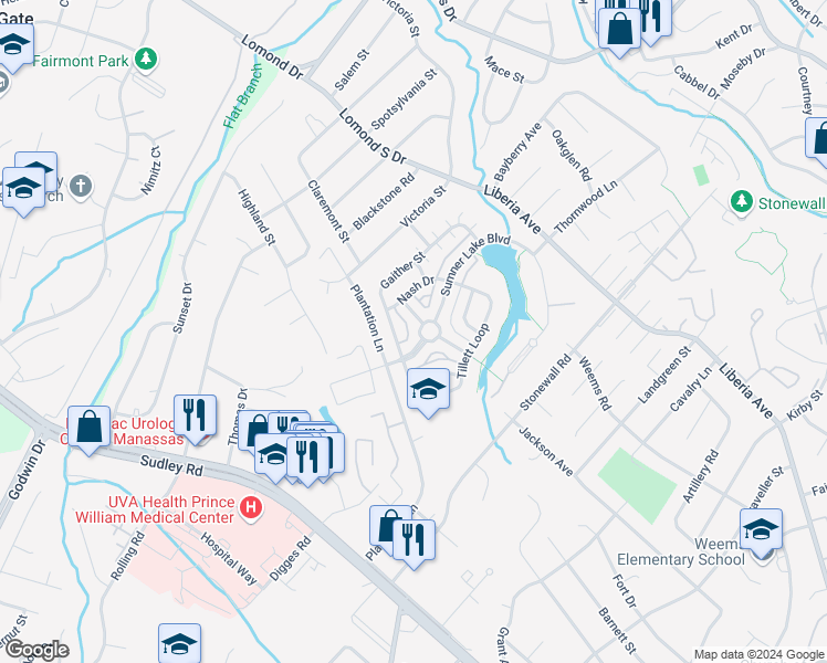 map of restaurants, bars, coffee shops, grocery stores, and more near 9347 Sumner Lake Boulevard in Manassas