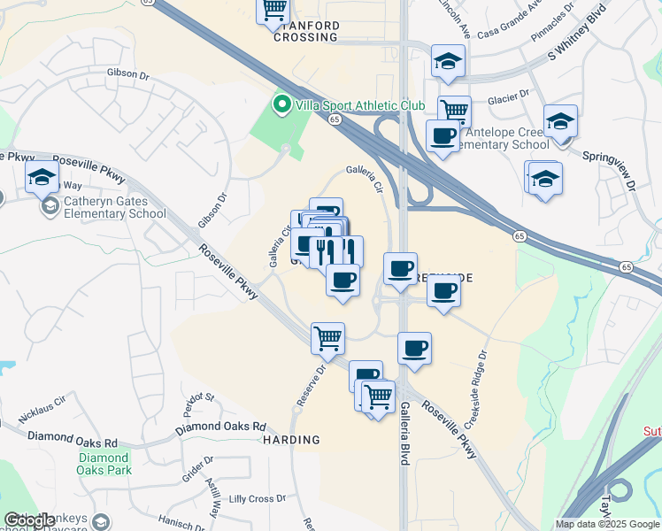 map of restaurants, bars, coffee shops, grocery stores, and more near 201 Pacific Street in Roseville