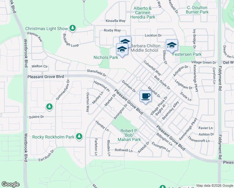 map of restaurants, bars, coffee shops, grocery stores, and more near 2585 Pleasant Grove Boulevard in Roseville